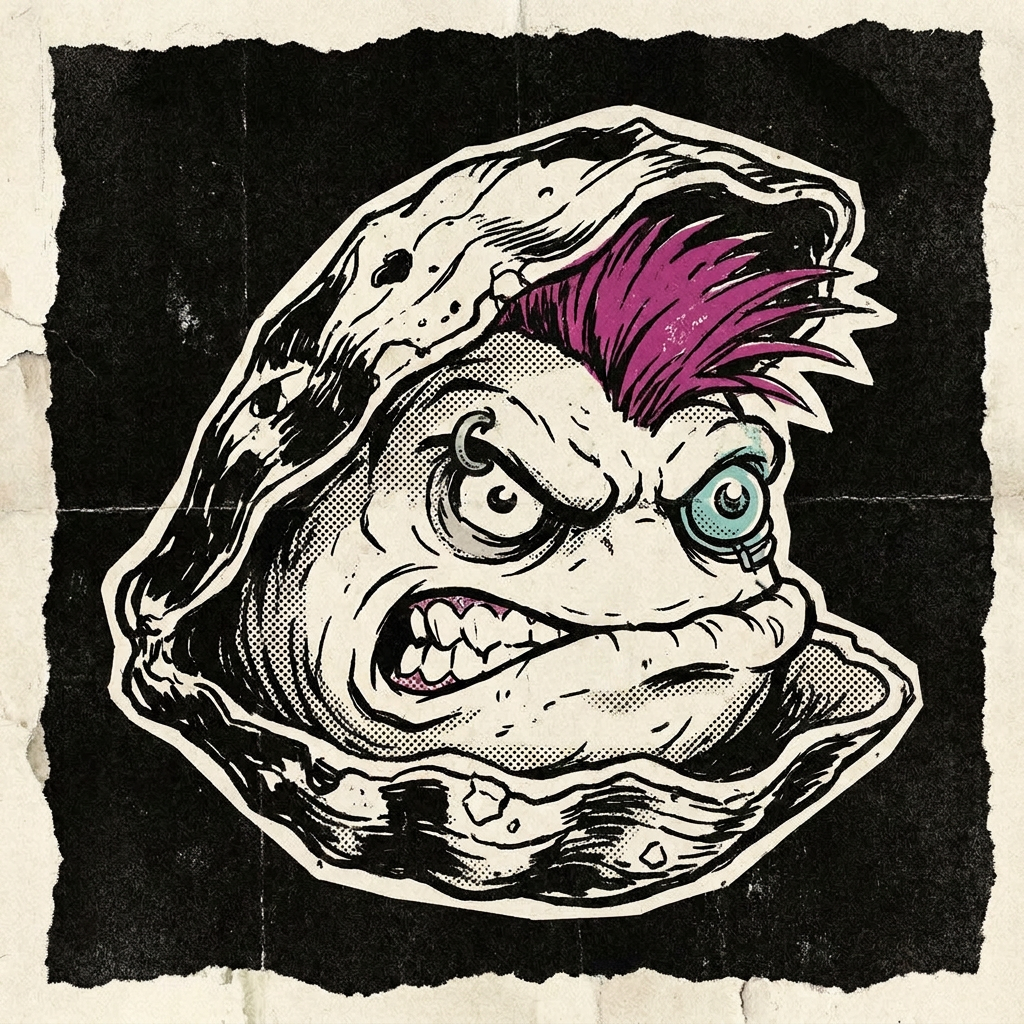 A hand-drawn punk oyster with a magenta mohawk and cybernetic pearl eye